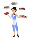 Vector character girl on picnic or Bbq party. Chef cooking