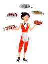 Vector character girl on picnic or Bbq party. Chef cooking