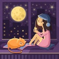 Vector character of a girl sitting on a window with a red cat and drinking coffee looking at the night city Royalty Free Stock Photo