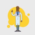 Vector character of happy black doctor in medical uniform. Physician in professional clothes. Flat line style design.