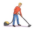 Vector character Illustration man vacuuming floor Royalty Free Stock Photo