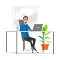 Vector character illustration of man working at office. Employee manager or businessman sitting at desk, looking at laptop, Royalty Free Stock Photo