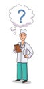 Vector character illustration of thinking doctor holds tablet