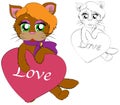 Vector character kitten with pink heart. Cat and love. Colorful and coloring kitten.