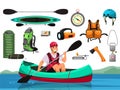 Vector character man canoeing, set kayaking
