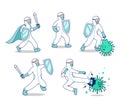 Vector character set fight covid corona virus illustration, doctor with hazmat suit sword and shield fight against virus bacteria