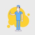 Vector character of surgeon in medical uniform. Doctor in professional clothes,mask and hat. Surgeon holds scalpel. Flat line