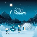 Vector Characters Eskimos. Concept Christmas greeting background with inuit family near igloo house