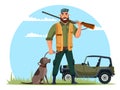 Vector characters hunter with gun and dog on hunt