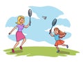 Vector characters mom and daughter plays tennis Royalty Free Stock Photo