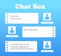 Vector chat interface in blue color. Sms messages. Speech bubbles. Short message service bubbles. Flat interface. UI UX