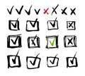 Vector checkmark and crossmark in square hand drawn sketchy icons isolated illustration. Green, red, black do and