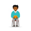 Vector cheeky african man character sitting and holding box