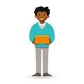 Vector cheeky african man in sweater and pants posing. Standing and holding box