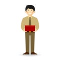 Vector cheeky asian man in business suit posing. Standing and holding wide box