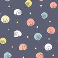 Vector Cheerful Snail Shells with Confetti seamless pattern background.