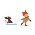 Vector cheerful teen girl with dog in sled