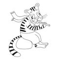 Vector cheerful tiger playing the flute. Cartoon happy cute tige