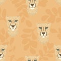 Vector Cheetah Hiding Behind Leaves on Peachy Orange seamless pattern background. Perfect for fabric, scrapbooking and