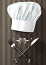 Vector of chef hat, knife and fork on brown background Royalty Free Stock Photo