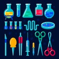 Vector chemical equipment for experiment. Chemistry laboratory. Flask, vial, test-tube, scales, glass retorts with