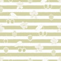 Vector Cherries, Berries, and Blooms on Gold White Striped Background Seamless Repeat Pattern. Background for textiles