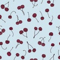 Vector cherries on blue seamless pattern print background.