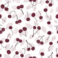 Vector cherries and leafs on white seamless pattern print background.