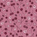 Vector cherries on pink seamless pattern print background.