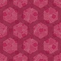 Vector Cherries, Strawberries, Berries Outlines in Hexagons in Pink Seamless Repeat Pattern. Background for textiles