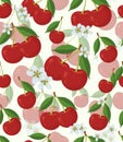 Vector-cherry background. Seamless pattern with realistic cherry leaves and flowers. Vector graphics Royalty Free Stock Photo