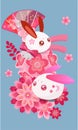 Vector cherry blossom with blue background Japanese couple rabbit and tassel fan