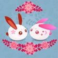 Vector cherry blossoms in blue background Japanese couple rabbits and red leaves