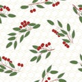Vector Cherry Branches with Red Cherries and Green Leaves on White Background Seamless Repeat Pattern. Background for Royalty Free Stock Photo