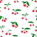 Vector cherry seamless pattern. Red berries and green leaves on white. Royalty Free Stock Photo