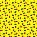 Vector cherry seamless pattern on yellow background. Hand drawn illustration of summer fruit. Fresh design great for wallpaper, gi Royalty Free Stock Photo