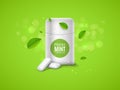 Vector chewing gum package box and green mint for fresh breath. Dental health chewing gum background