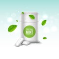 Vector chewing gum package box and green mint for fresh breath. Dental health chewing gum background Royalty Free Stock Photo