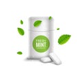 Vector chewing gum package box and green mint for fresh breath. Dental health chewing gum background