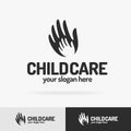 Vector child care logo set consisting of silhouette baby hand in big hand Royalty Free Stock Photo