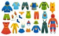 Vector child flat dress, jacket, pants, and pajamas little icon