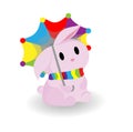 Vector childish illustration of a rabbit under an umbrella. During the rain. Pink cute bunny. bright umbrella Royalty Free Stock Photo