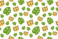 Vector childish seamless pattern with cute tiger and monstera leaves on white background. Use for textile, fabric, wallpaper, kids