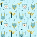 Vector childish seamless pattern with forest animals in Scandinavian style on a blue background. Children`s print for baby`s shi Royalty Free Stock Photo