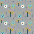 Vector childish seamless pattern with forest animals in Scandinavian style on a gray background. Children`s print for baby`s shi Royalty Free Stock Photo
