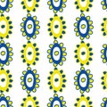 Vector childlike drawing of flowers seamless pattern background. Simple vertical rows of yellow, cobalt blue painterly