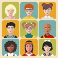 Vector children avatars. Set of different nationality kids faces in flat style. Girls and boys portraits app icons. Royalty Free Stock Photo