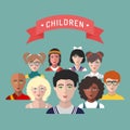 Vector children avatars.Set of different nationality kids faces in trendy flat style.Girls and boys portraits app icons. Royalty Free Stock Photo