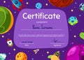 Vector children diploma or certificate with cartoon space planets