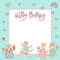 Vector children greeting card in pastel colors. Happy birthday. Girl with ice cream, kitten boy with fruit and sweet